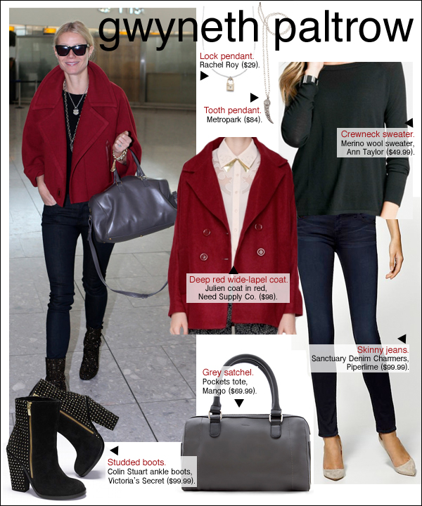 gwyneth paltrow airport, gwyneth paltrow style, gwyneth paltrow studded boots, gwyneth paltrow red coat