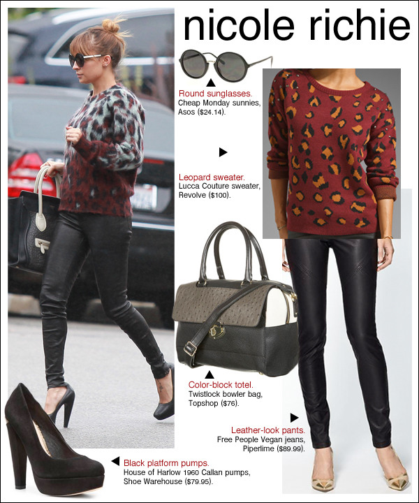 nicole richie leopard sweater, nicole richie style, house of harlow shoes